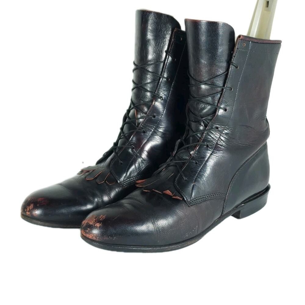 Justin Women's VTG US7,5C Black Cherry Leather Fringe Lace-Up Western Boots